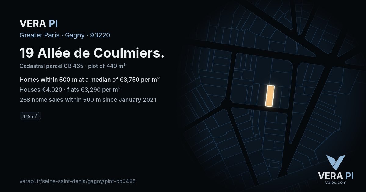 19 Allée de Coulmiers, Gagny at night – the plot lit, the parcels around coloured by the prices near them