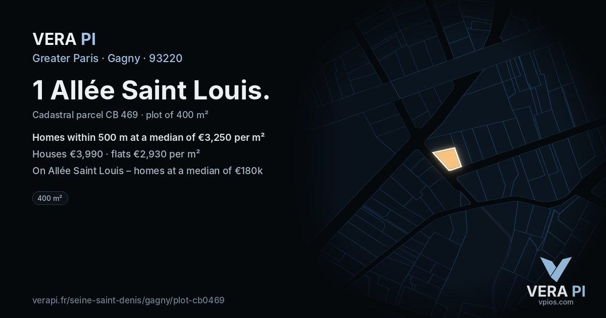 1 Allée Saint Louis, Gagny at night – the plot lit, the parcels around coloured by the prices near them