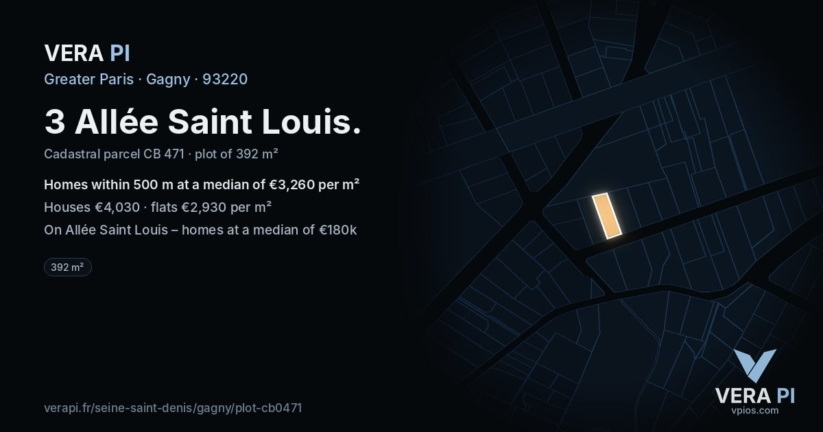 3 Allée Saint Louis, Gagny at night – the plot lit, the parcels around coloured by the prices near them