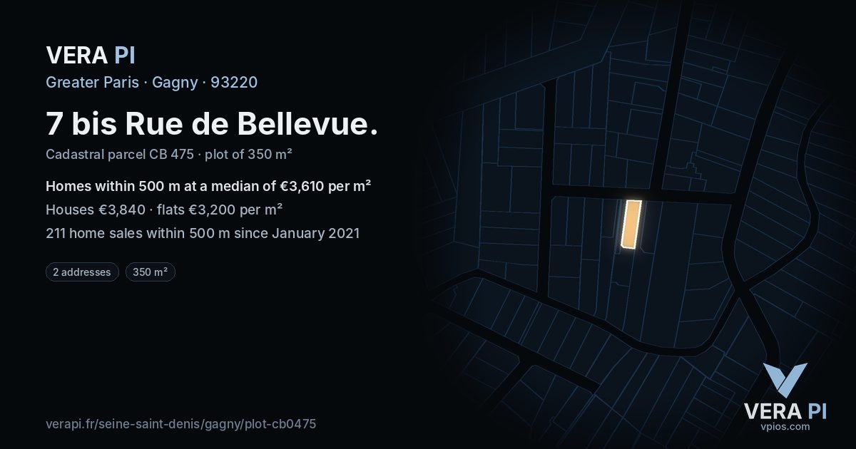 7 bis Rue de Bellevue, Gagny at night – the plot lit, the parcels around coloured by the prices near them