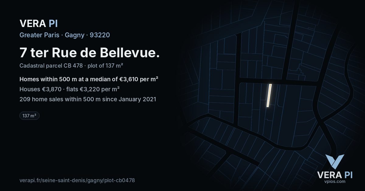 7 ter Rue de Bellevue, Gagny at night – the plot lit, the parcels around coloured by the prices near them