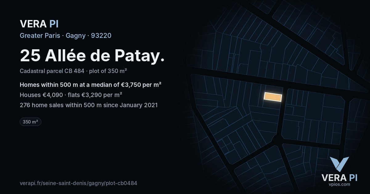25 Allée de Patay, Gagny at night – the plot lit, the parcels around coloured by the prices near them