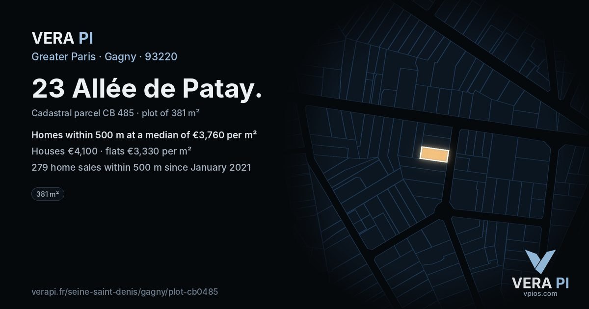 23 Allée de Patay, Gagny at night – the plot lit, the parcels around coloured by the prices near them