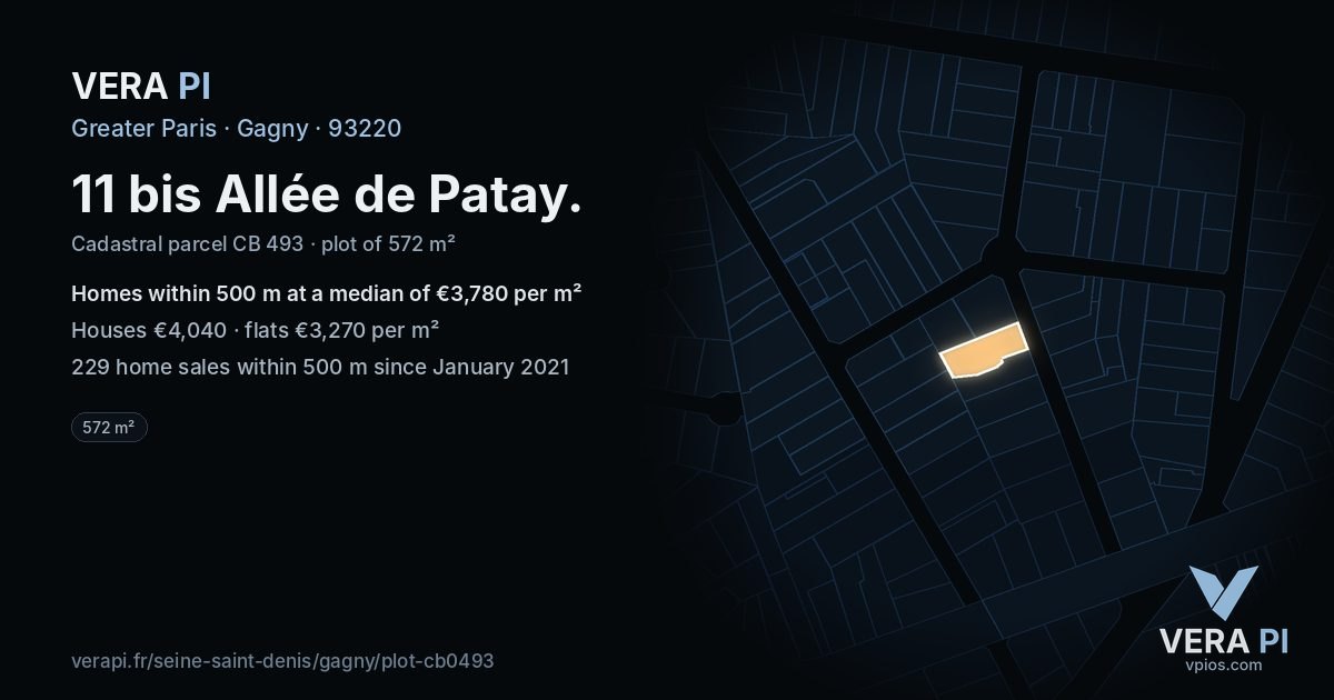 11 bis Allée de Patay, Gagny at night – the plot lit, the parcels around coloured by the prices near them