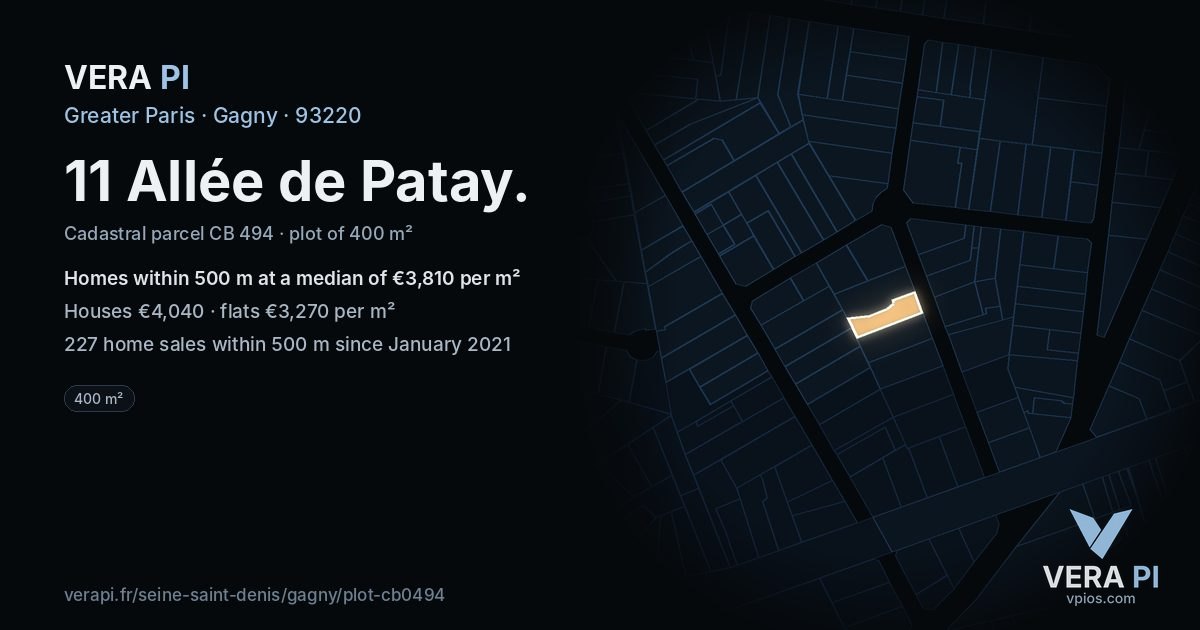 11 Allée de Patay, Gagny at night – the plot lit, the parcels around coloured by the prices near them
