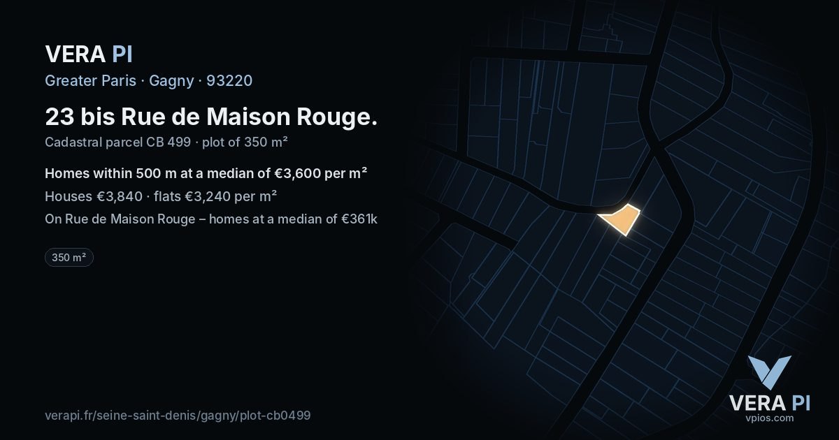 23 bis Rue de Maison Rouge, Gagny at night – the plot lit, the parcels around coloured by the prices near them