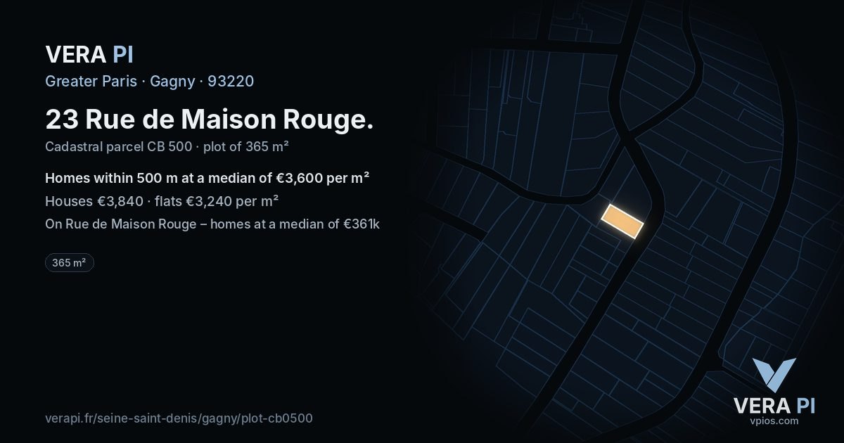23 Rue de Maison Rouge, Gagny at night – the plot lit, the parcels around coloured by the prices near them