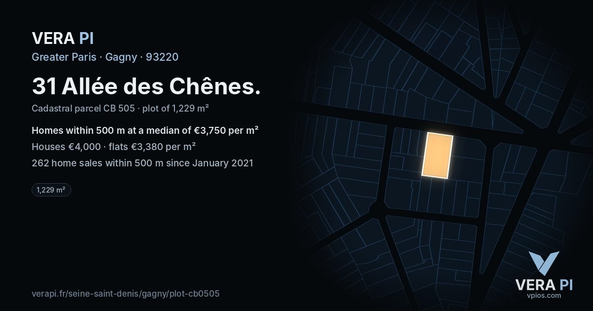 31 Allée des Chênes, Gagny at night – the plot lit, the parcels around coloured by the prices near them