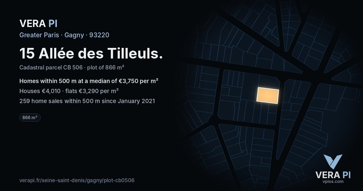 15 Allée des Tilleuls, Gagny at night – the plot lit, the parcels around coloured by the prices near them