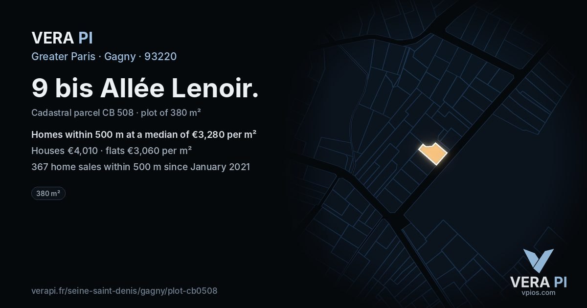 9 bis Allée Lenoir, Gagny at night – the plot lit, the parcels around coloured by the prices near them