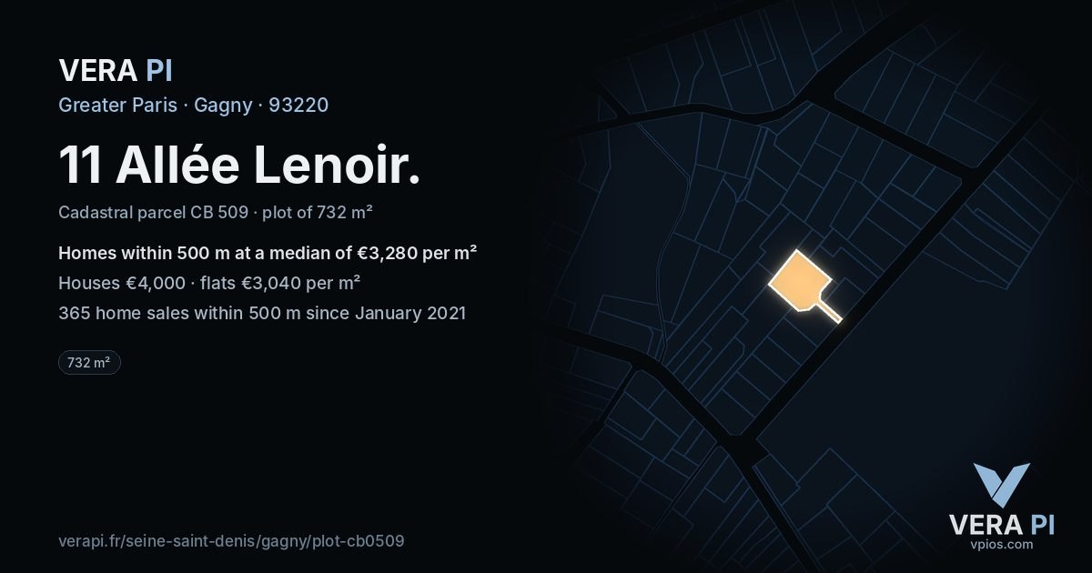 11 Allée Lenoir, Gagny at night – the plot lit, the parcels around coloured by the prices near them