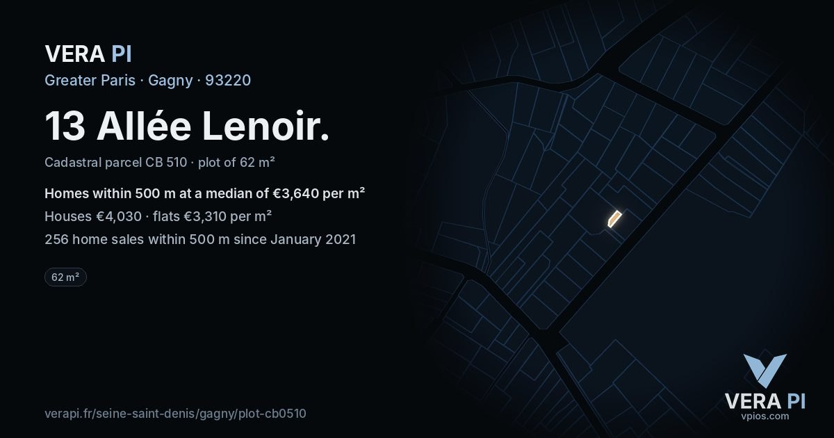13 Allée Lenoir, Gagny at night – the plot lit, the parcels around coloured by the prices near them