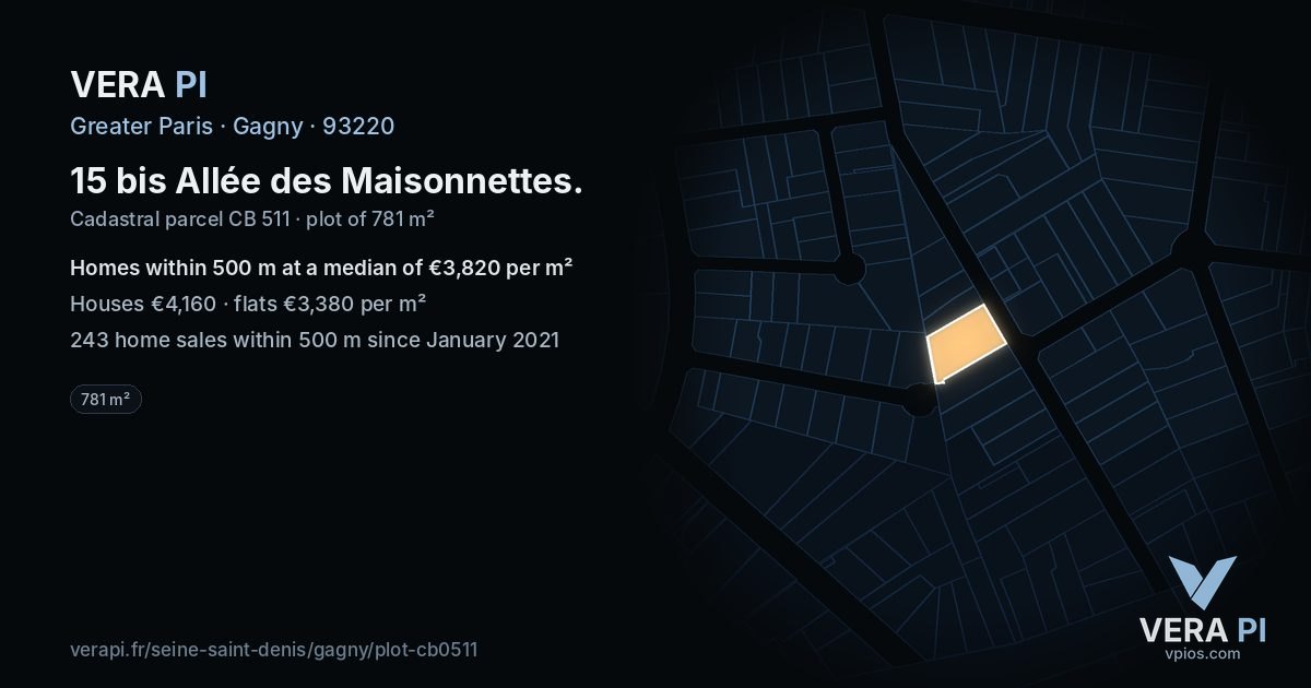 15 bis Allée des Maisonnettes, Gagny at night – the plot lit, the parcels around coloured by the prices near them