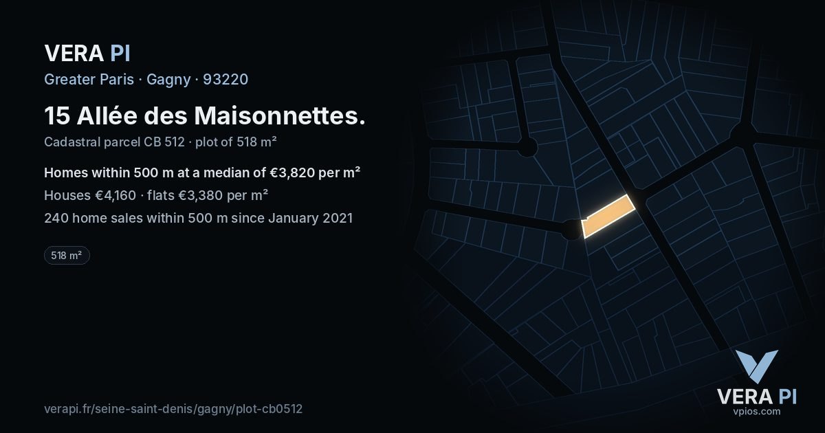 15 Allée des Maisonnettes, Gagny at night – the plot lit, the parcels around coloured by the prices near them