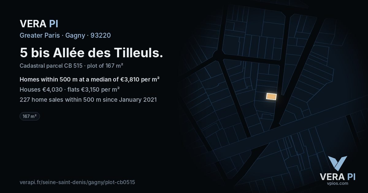 5 bis Allée des Tilleuls, Gagny at night – the plot lit, the parcels around coloured by the prices near them