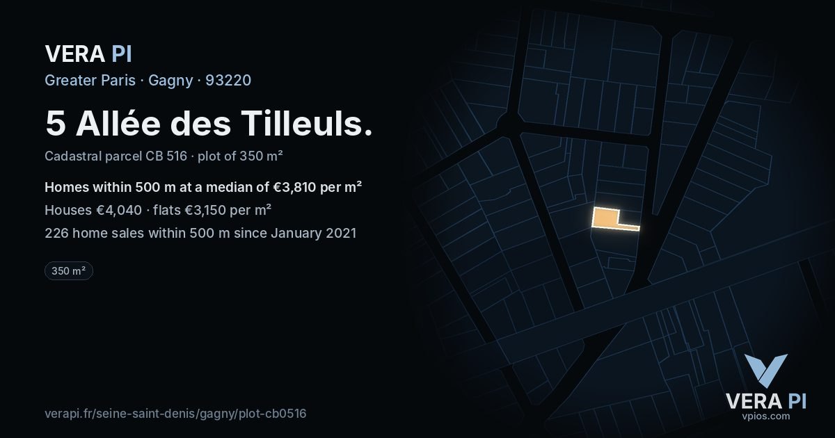 5 Allée des Tilleuls, Gagny at night – the plot lit, the parcels around coloured by the prices near them