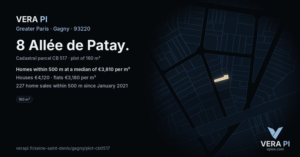 8 Allée de Patay, Gagny at night – the plot lit, the parcels around coloured by the prices near them