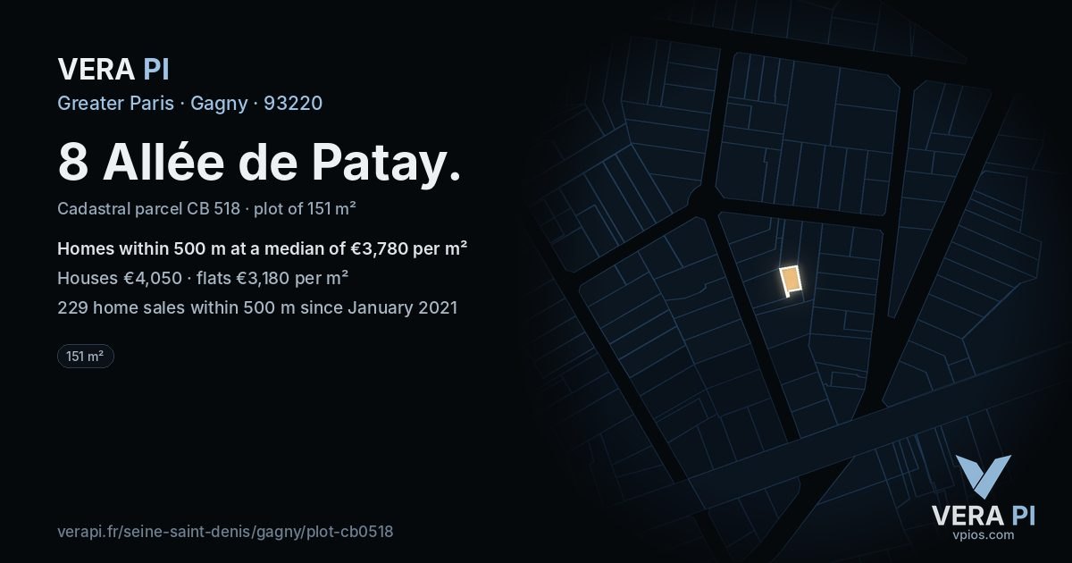 8 Allée de Patay, Gagny at night – the plot lit, the parcels around coloured by the prices near them