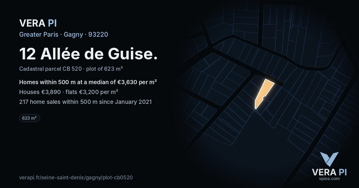 12 Allée de Guise, Gagny at night – the plot lit, the parcels around coloured by the prices near them