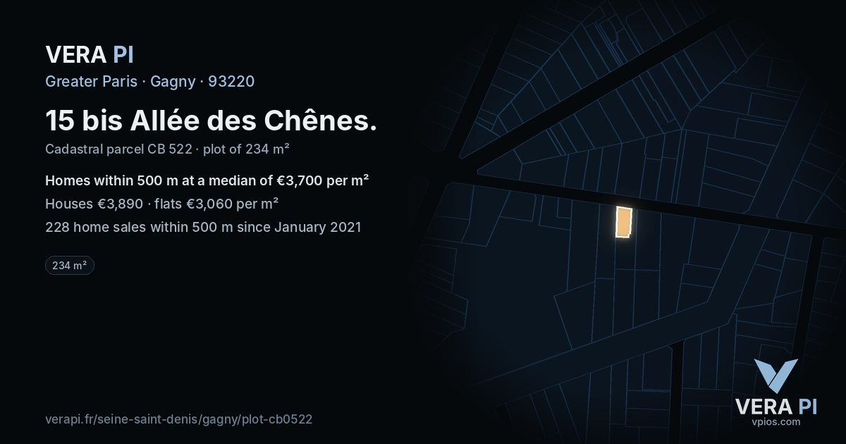 15 bis Allée des Chênes, Gagny at night – the plot lit, the parcels around coloured by the prices near them