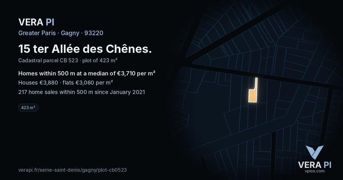 15 ter Allée des Chênes, Gagny at night – the plot lit, the parcels around coloured by the prices near them