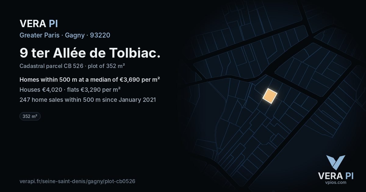 9 ter Allée de Tolbiac, Gagny at night – the plot lit, the parcels around coloured by the prices near them