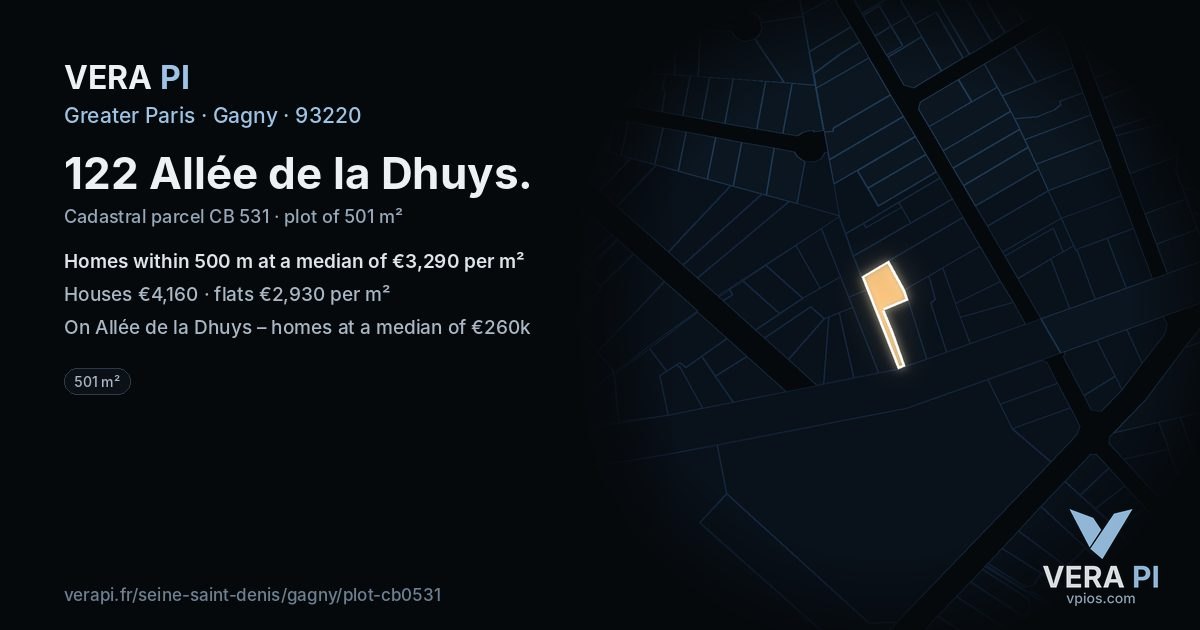 122 Allée de la Dhuys, Gagny at night – the plot lit, the parcels around coloured by the prices near them