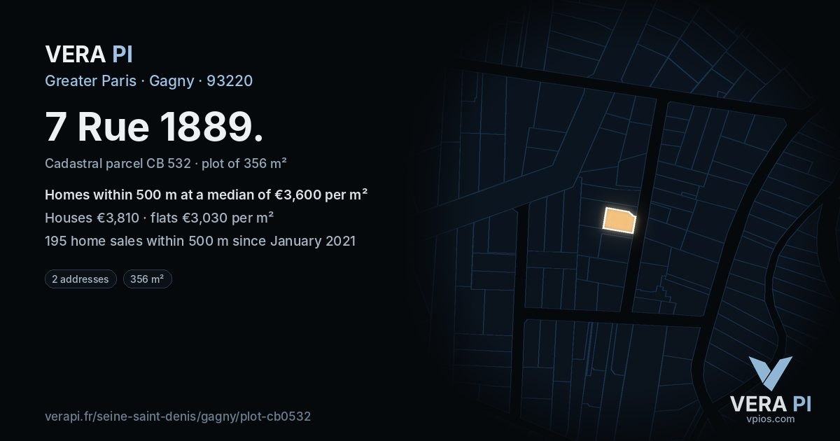 7 Rue 1889, Gagny at night – the plot lit, the parcels around coloured by the prices near them