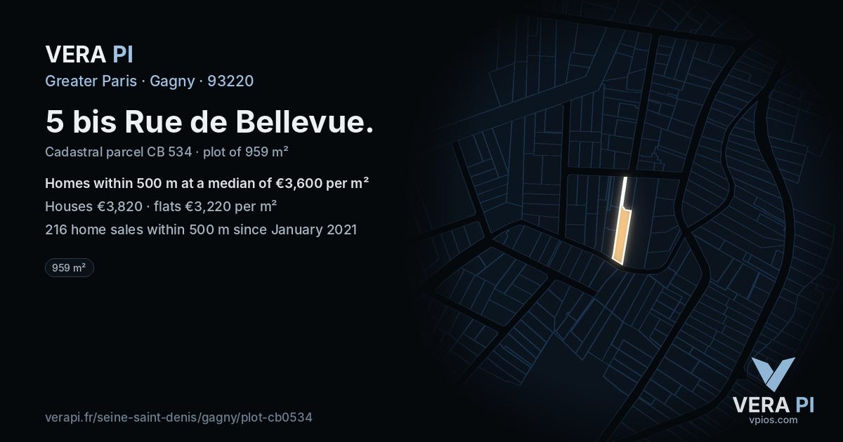 5 bis Rue de Bellevue, Gagny at night – the plot lit, the parcels around coloured by the prices near them