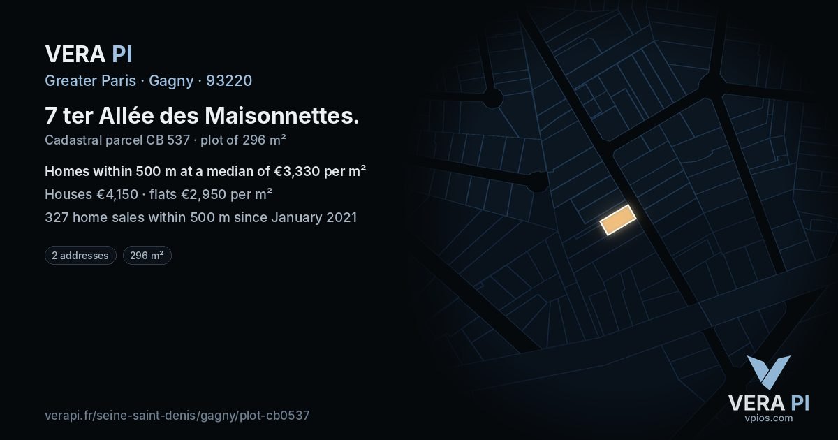 7 ter Allée des Maisonnettes, Gagny at night – the plot lit, the parcels around coloured by the prices near them