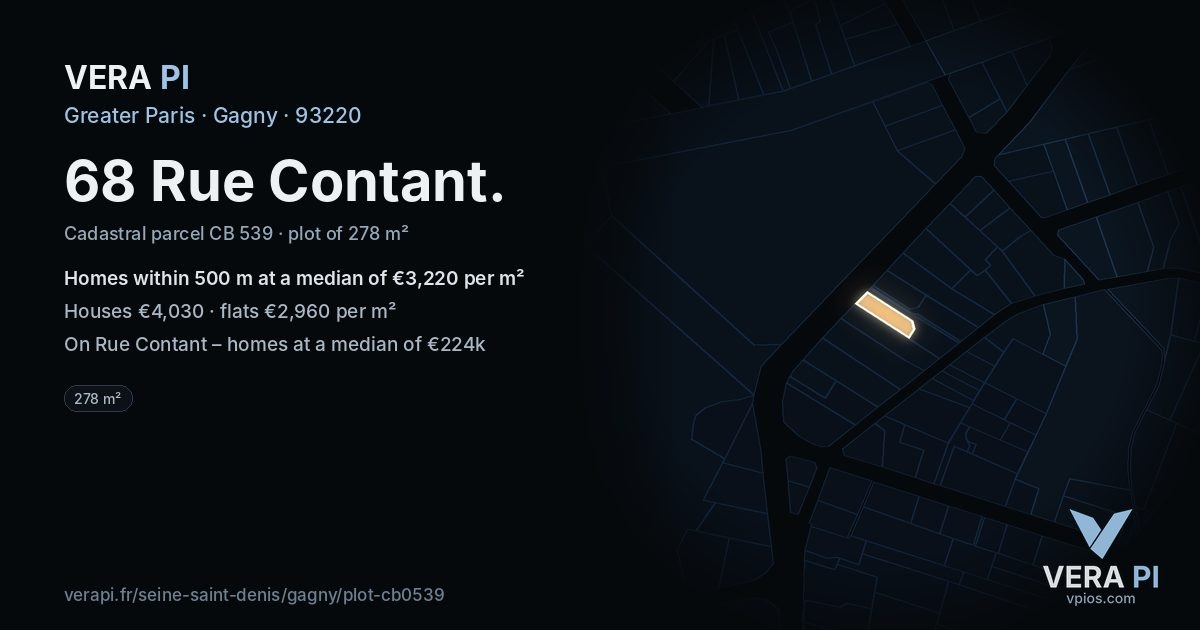 68 Rue Contant, Gagny at night – the plot lit, the parcels around coloured by the prices near them