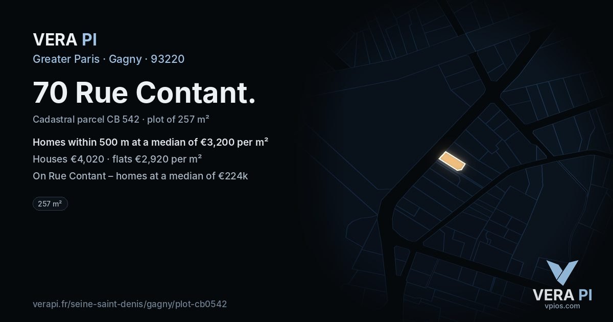 70 Rue Contant, Gagny at night – the plot lit, the parcels around coloured by the prices near them