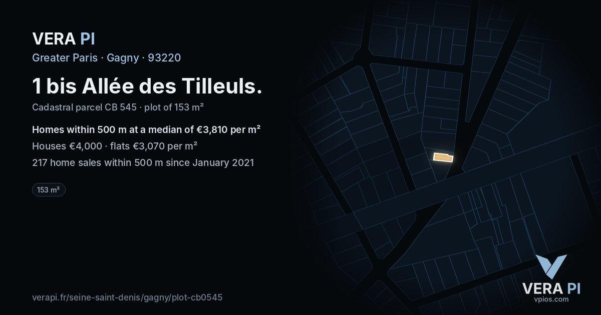 1 bis Allée des Tilleuls, Gagny at night – the plot lit, the parcels around coloured by the prices near them