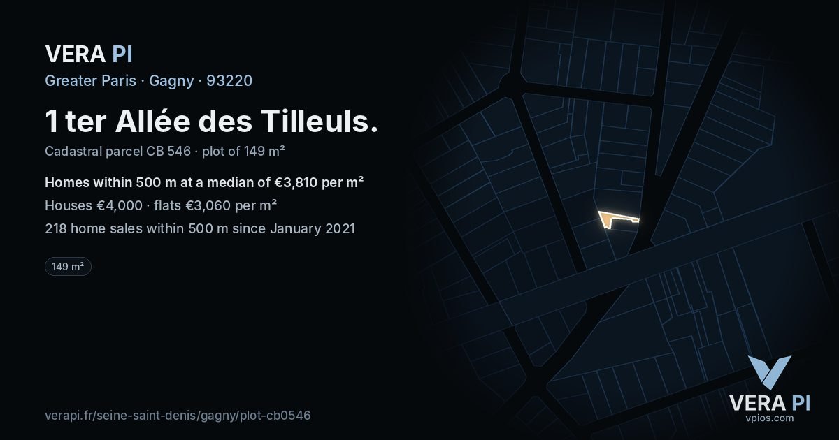 1 ter Allée des Tilleuls, Gagny at night – the plot lit, the parcels around coloured by the prices near them