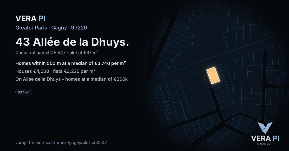 43 Allée de la Dhuys, Gagny at night – the plot lit, the parcels around coloured by the prices near them