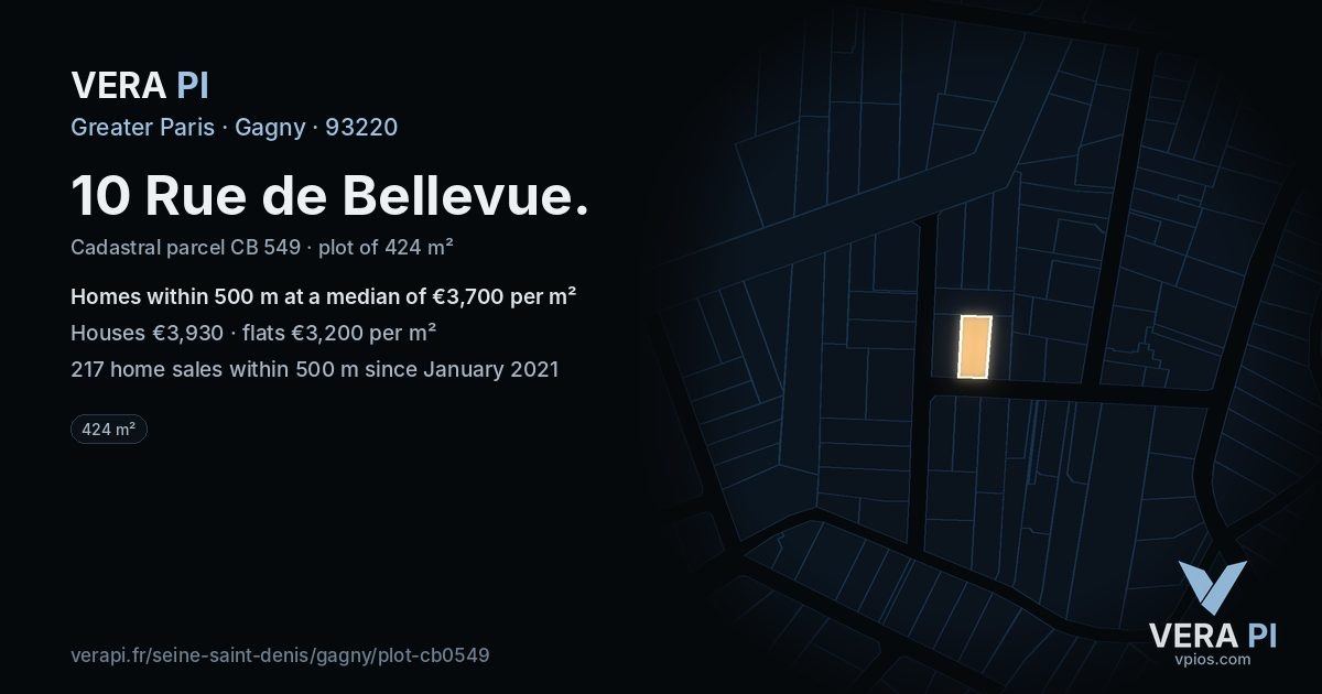 10 Rue de Bellevue, Gagny at night – the plot lit, the parcels around coloured by the prices near them