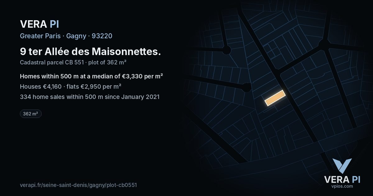 9 ter Allée des Maisonnettes, Gagny at night – the plot lit, the parcels around coloured by the prices near them