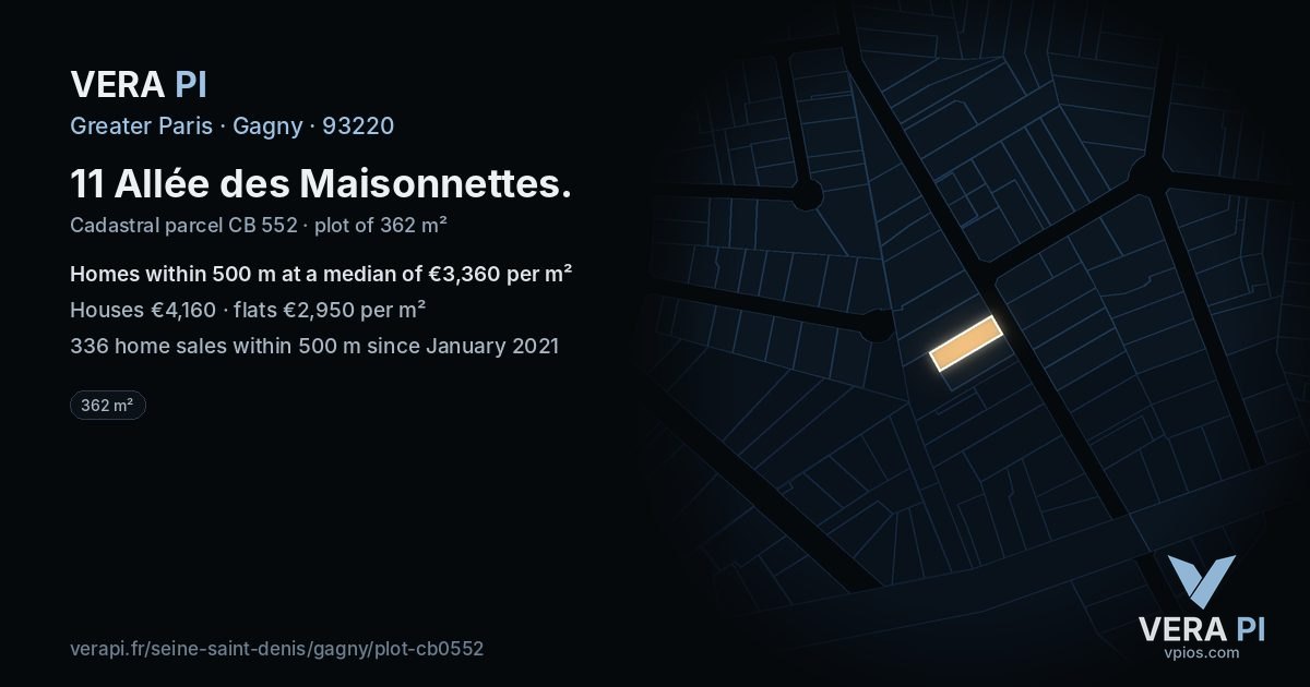 11 Allée des Maisonnettes, Gagny at night – the plot lit, the parcels around coloured by the prices near them