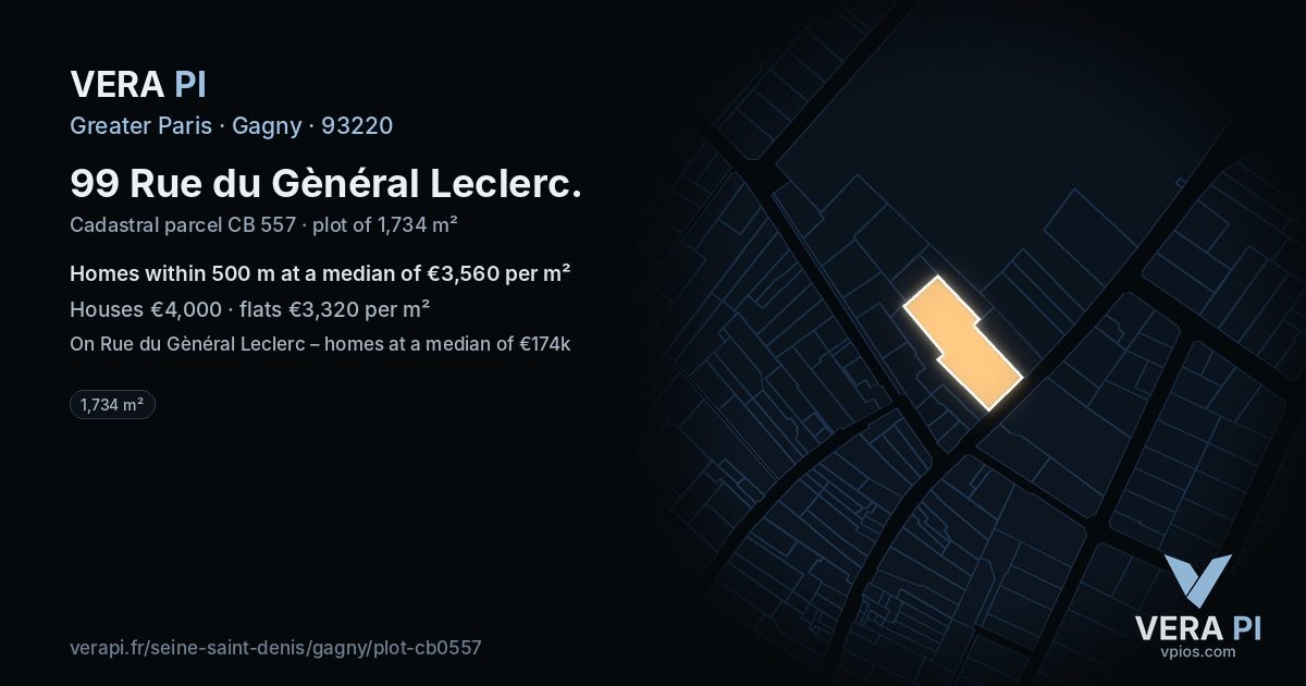 99 Rue du Gènéral Leclerc, Gagny at night – the plot lit, the parcels around coloured by the prices near them