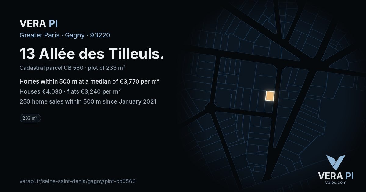 13 Allée des Tilleuls, Gagny at night – the plot lit, the parcels around coloured by the prices near them