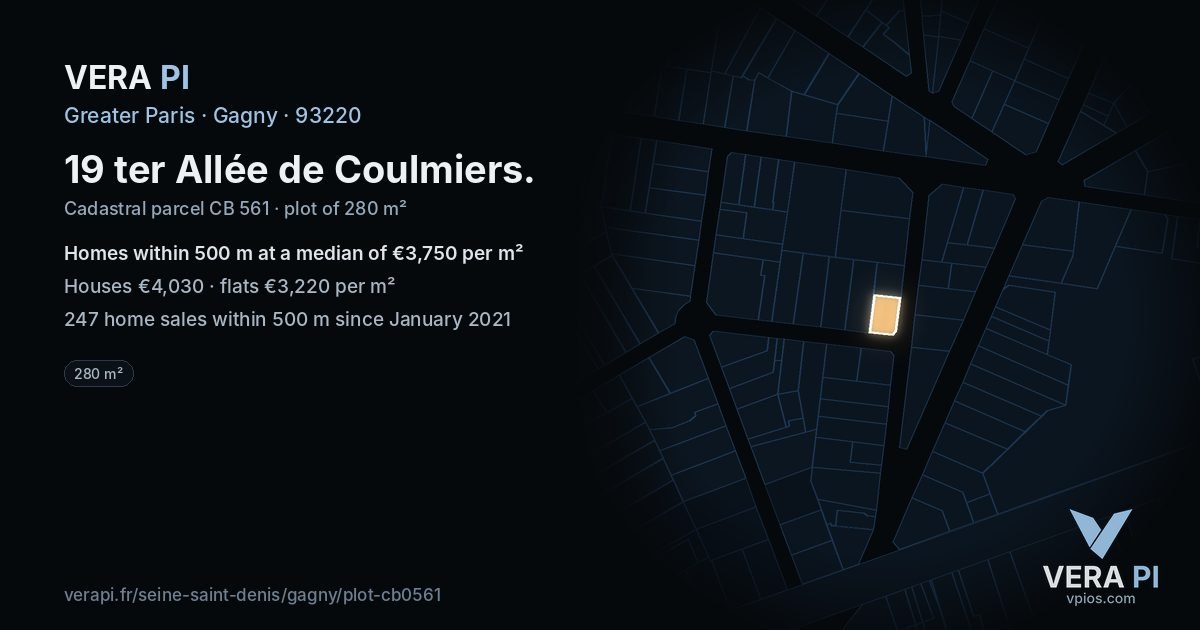 19 ter Allée de Coulmiers, Gagny at night – the plot lit, the parcels around coloured by the prices near them