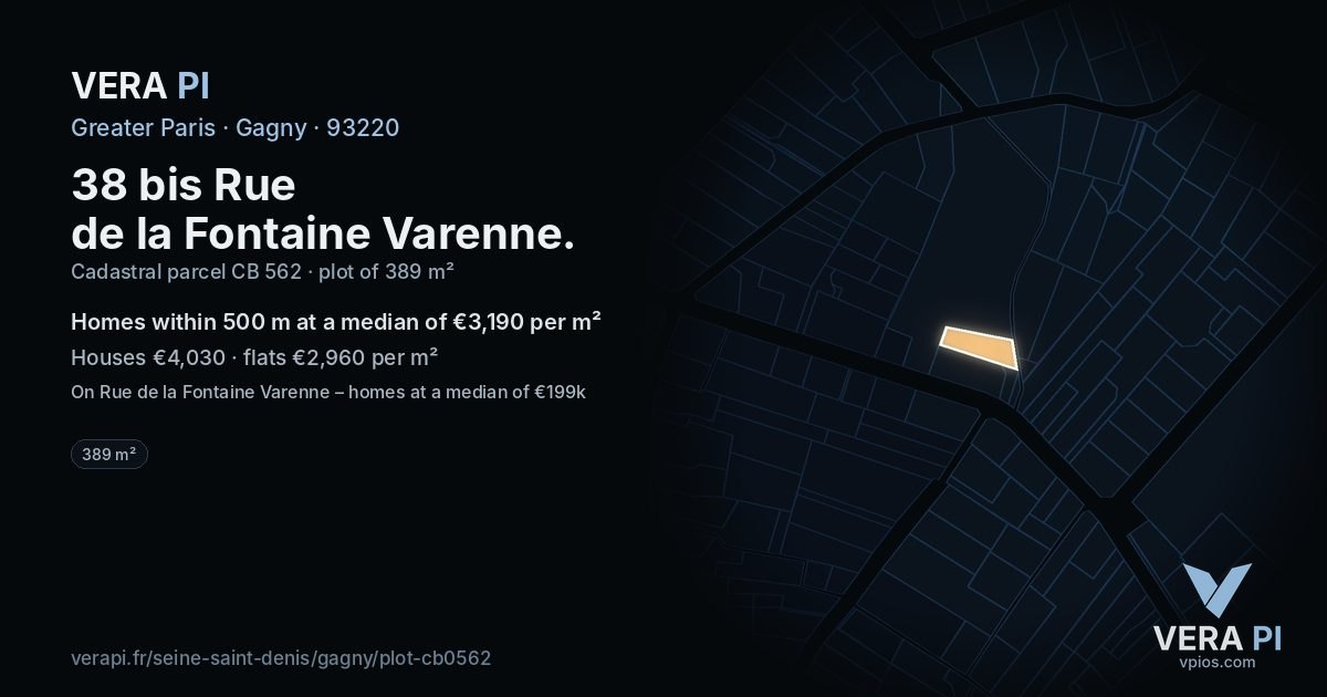 38 bis Rue de la Fontaine Varenne, Gagny at night – the plot lit, the parcels around coloured by the prices near them