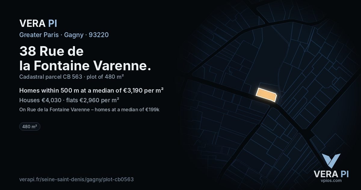 38 Rue de la Fontaine Varenne, Gagny at night – the plot lit, the parcels around coloured by the prices near them