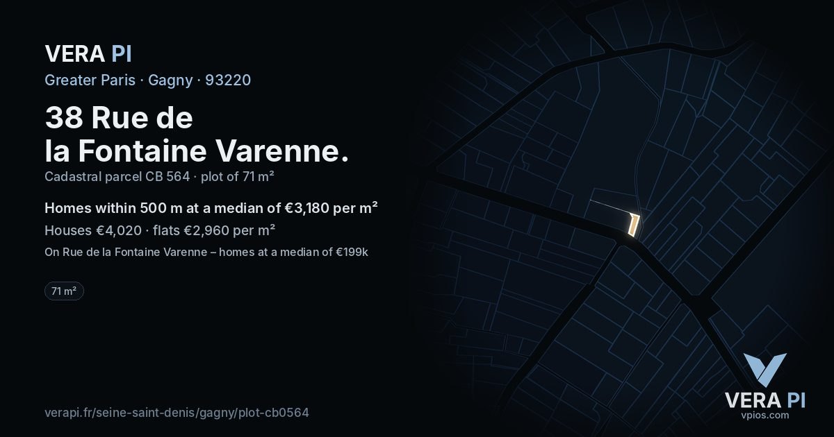 38 Rue de la Fontaine Varenne, Gagny at night – the plot lit, the parcels around coloured by the prices near them