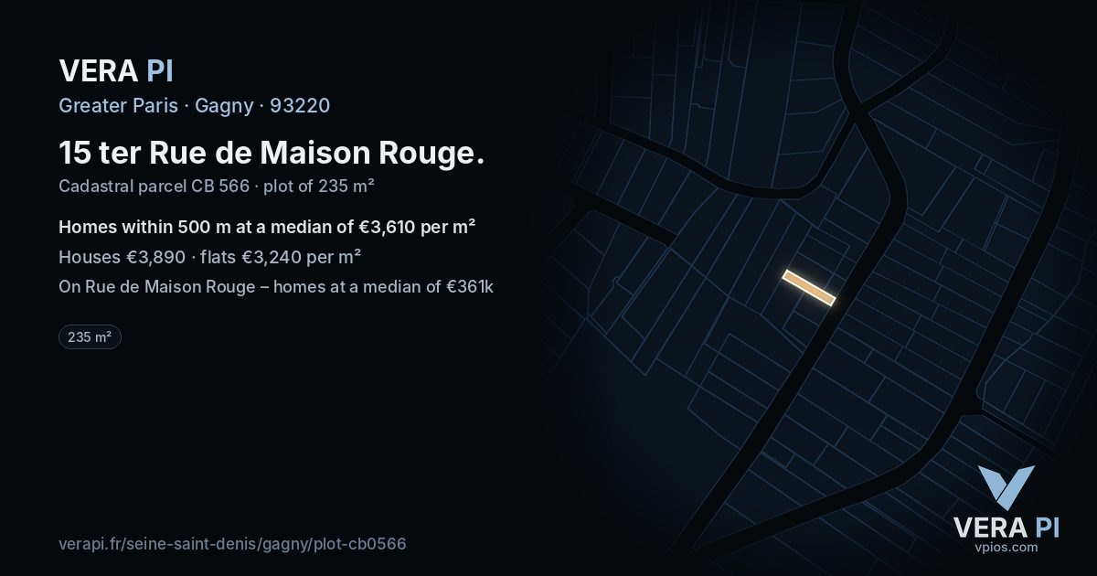 15 ter Rue de Maison Rouge, Gagny at night – the plot lit, the parcels around coloured by the prices near them