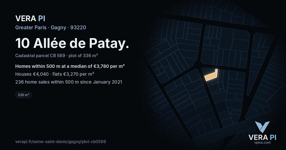 10 Allée de Patay, Gagny at night – the plot lit, the parcels around coloured by the prices near them