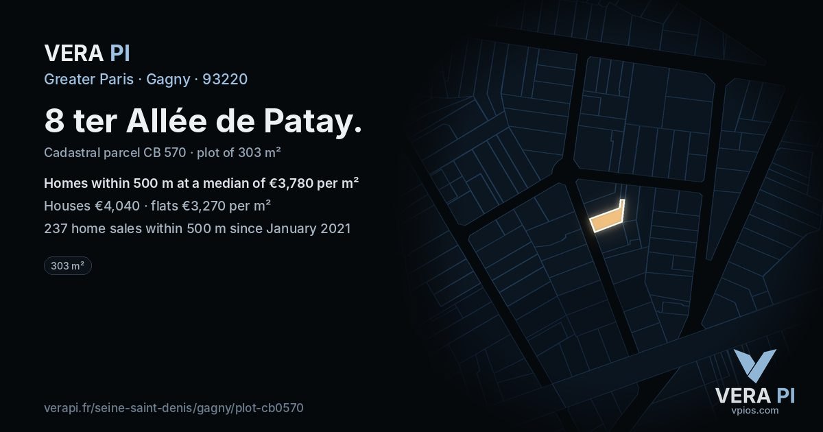 8 ter Allée de Patay, Gagny at night – the plot lit, the parcels around coloured by the prices near them