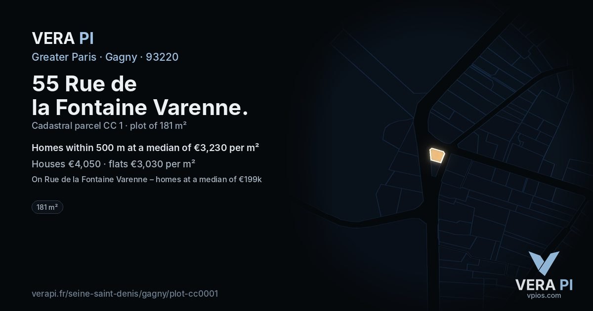 55 Rue de la Fontaine Varenne, Gagny at night – the plot lit, the parcels around coloured by the prices near them
