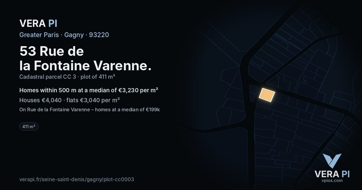 53 Rue de la Fontaine Varenne, Gagny at night – the plot lit, the parcels around coloured by the prices near them