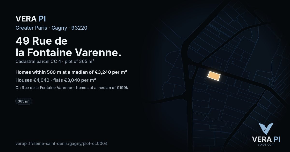 49 Rue de la Fontaine Varenne, Gagny at night – the plot lit, the parcels around coloured by the prices near them
